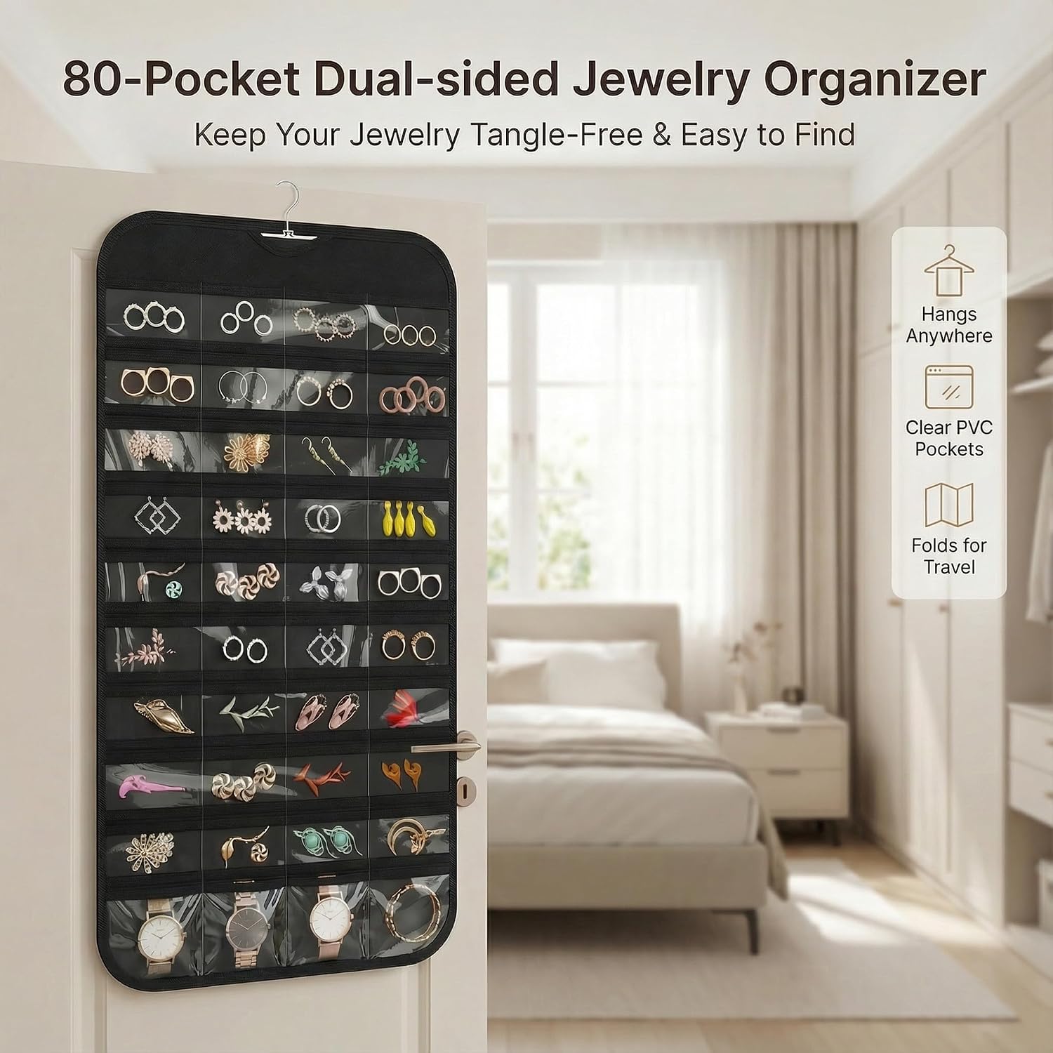 80-Pocket Hanger-Included Large Hanging Jewellery Organiser - Image 2