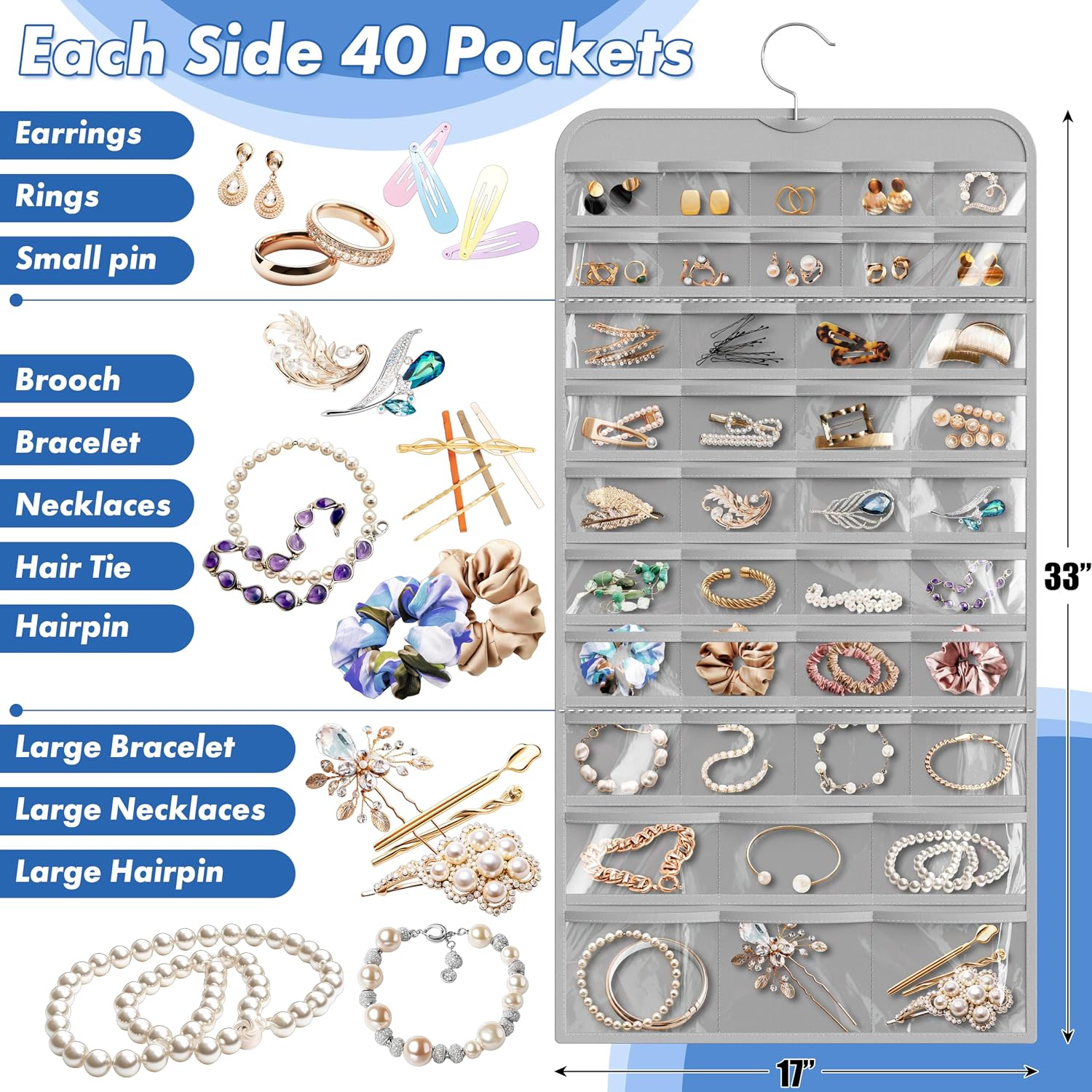 80-Pocket 5-Size Grey Hanging Jewellery Organiser - Image 2