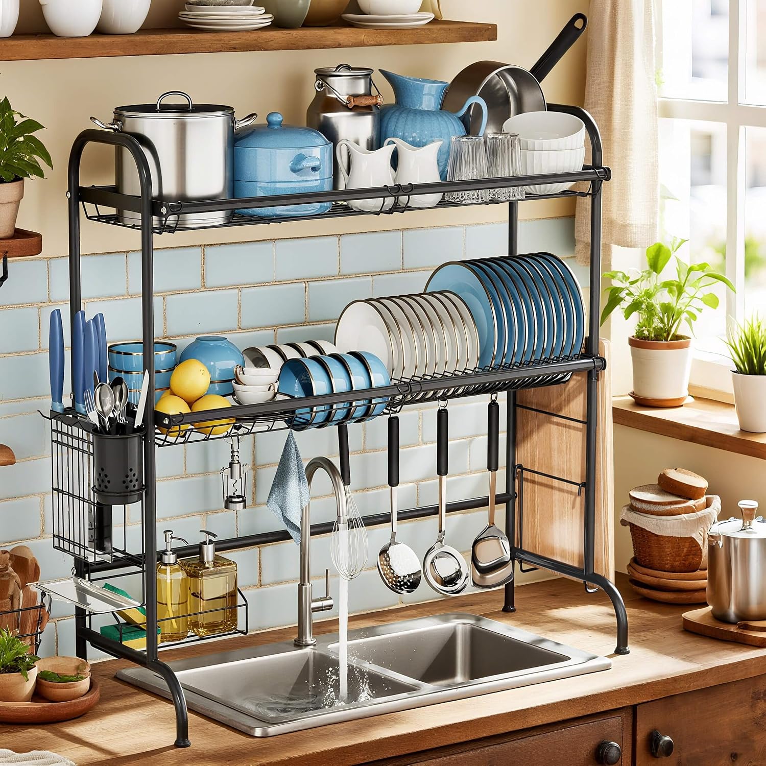 Extendable length (32.3"-33.9") Double-tier large stainless steel sink drain rack with dish holder, black