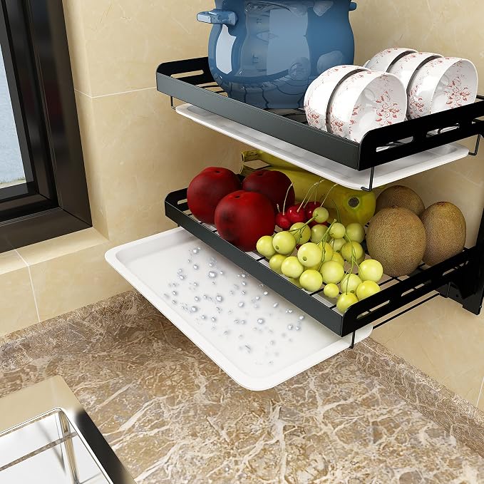 Three-tier stainless steel wall-mounted dish rack/fruit and vegetable basket with drain board, hanging chopstick holder, and knife holder - Image 2