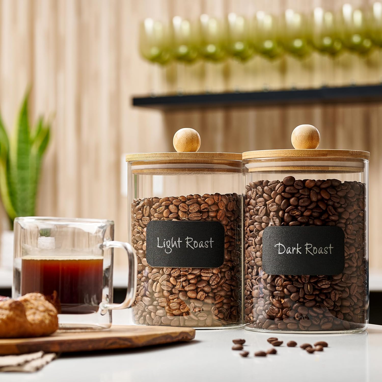 Set of 2 Large Glass Canisters for Kitchen Counter with Airtight Bamboo Lids + Marker & Labels - Cookie Jars with Wooden Lid, Food Storage Containers for Pantry, Flour Pasta Candy Coffee Pods - 68oz. - Image 2