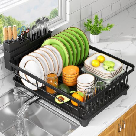 Compact black cutlery drainer with cutlery holder, saves countertop space, rust-resistant