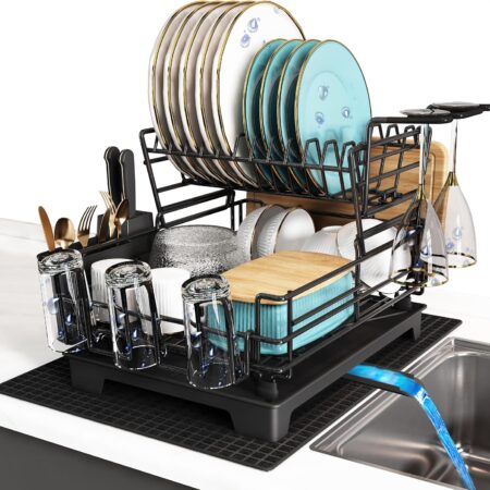 Double-layer black large stainless steel dish rack with drain board, rust-proof, space-saving